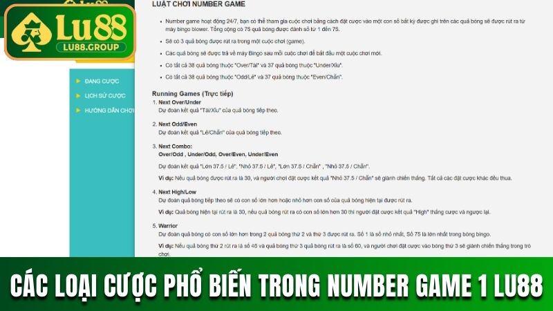 Các loại cược phổ biến trong Number Game 1 Lu88