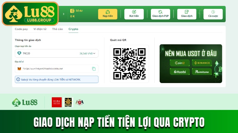 Giao dịch nạp tiền tiện lợi qua tiền điện tử Crypto