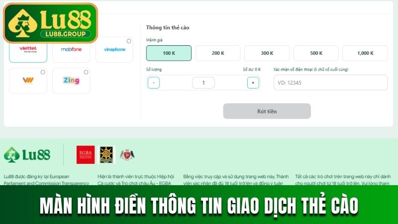 Màn hình điền thông tin giao dịch thẻ cào