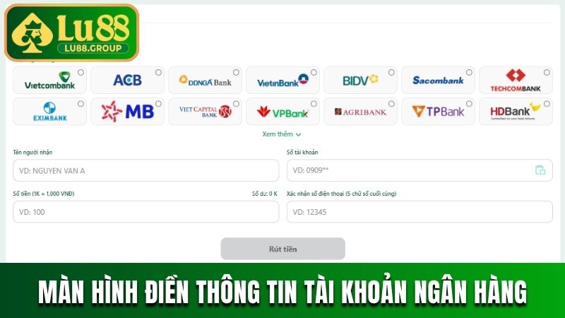 Màn hình điền thông tin tài khoản ngân hàng để nhận