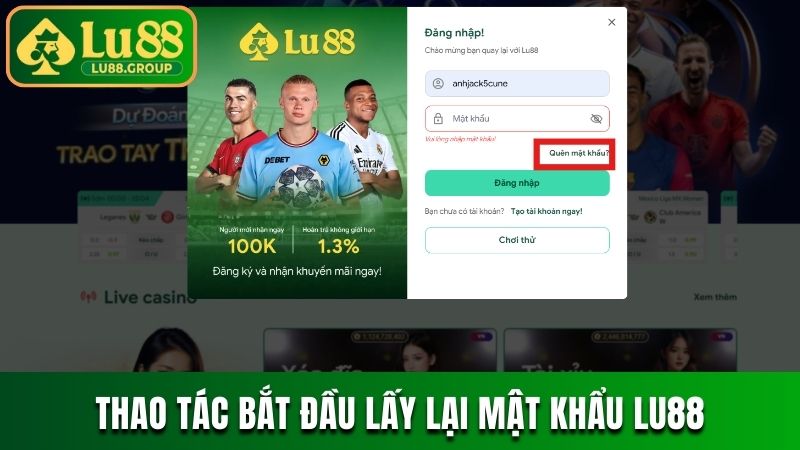 Thao tác bắt đầu lấy lại mật khẩu